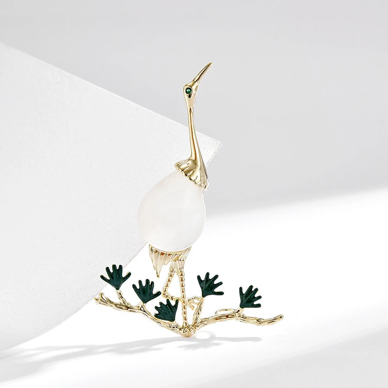 铜合金仿珍珠胸针 3603米黄色丹顶鹤胸针