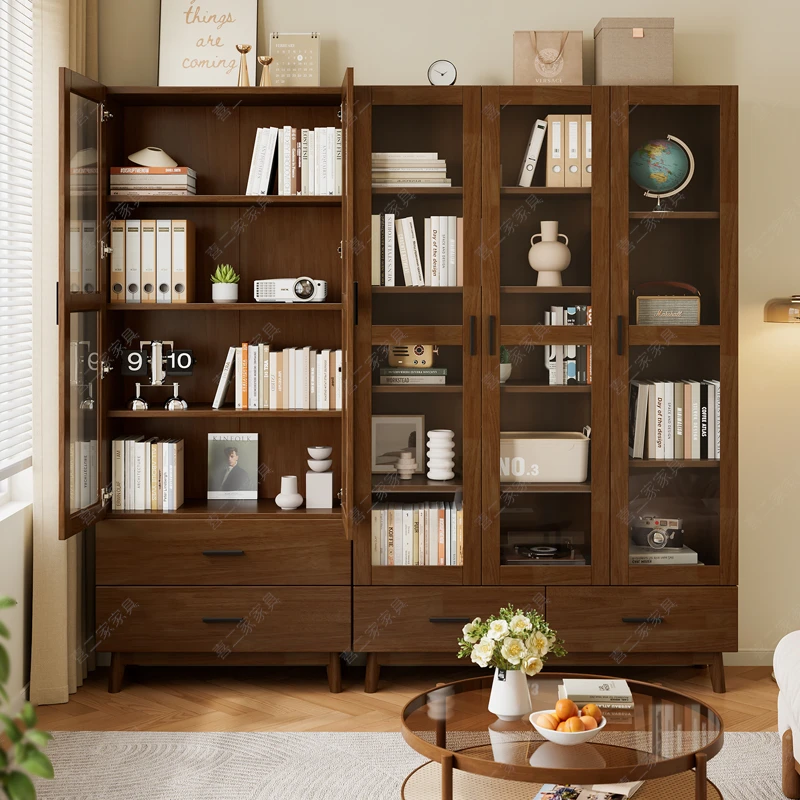 全实木家用带玻璃门书柜客厅卧室展示柜书房办公室带抽屉文件柜