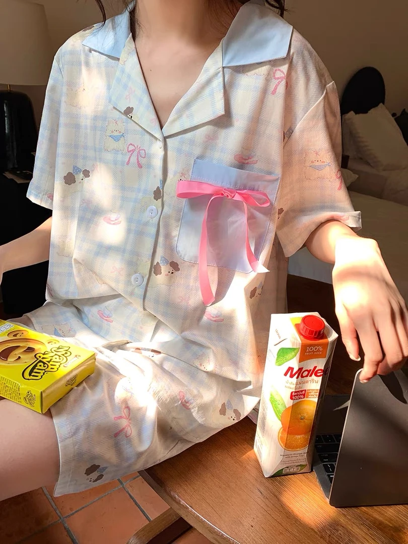 【蝴蝶结小狗】新款撞色蝴蝶结卡通睡衣女夏季薄款休闲可外穿家居服