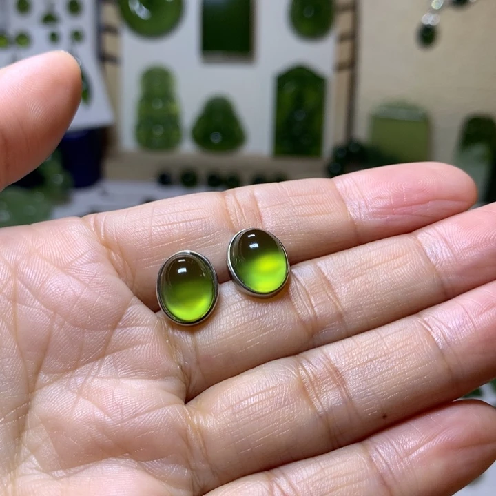 岫玉耳钉银S925镶嵌耳钉