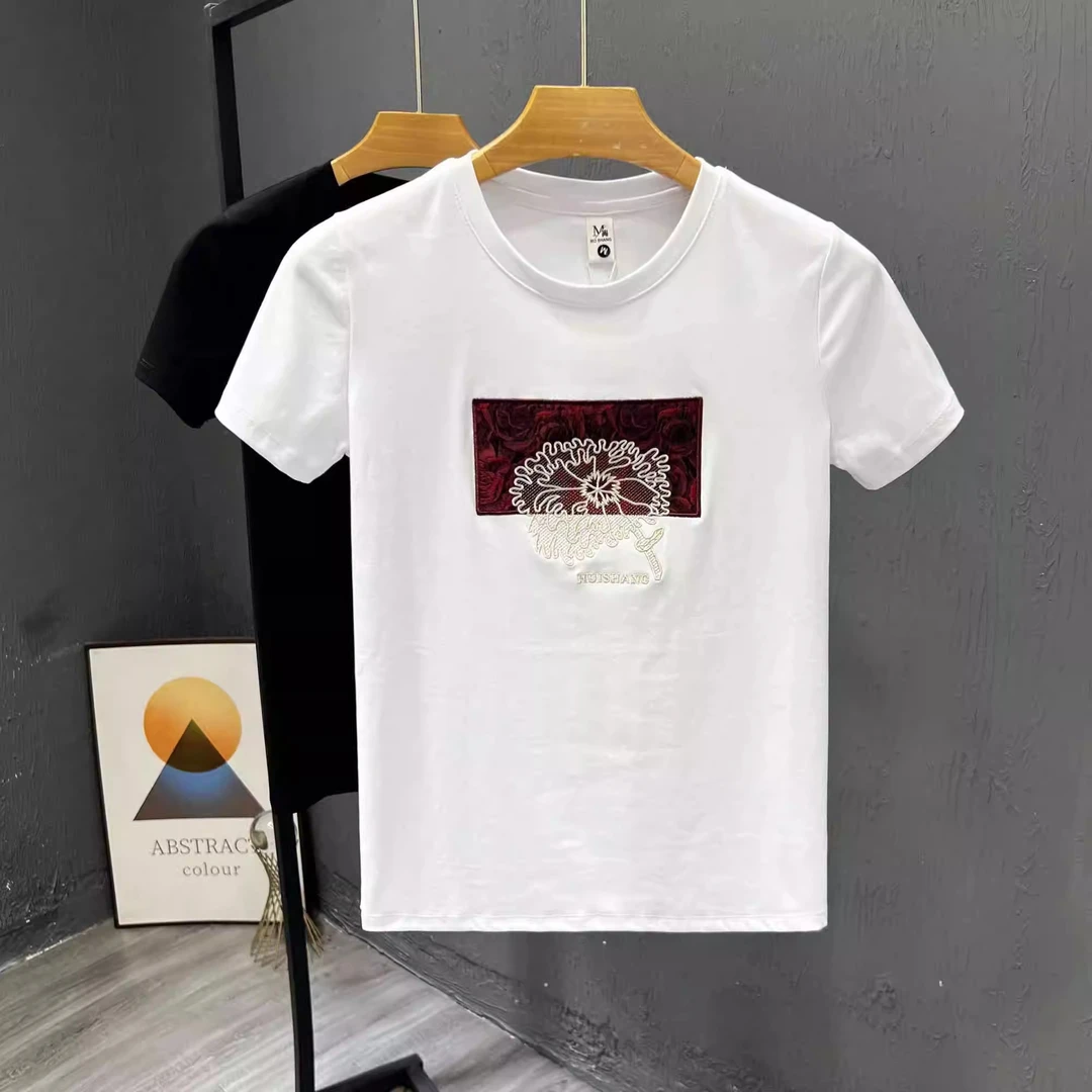 保登皮兹刺绣提花男士休闲短袖t恤夏季修身痞帅青年半袖上衣