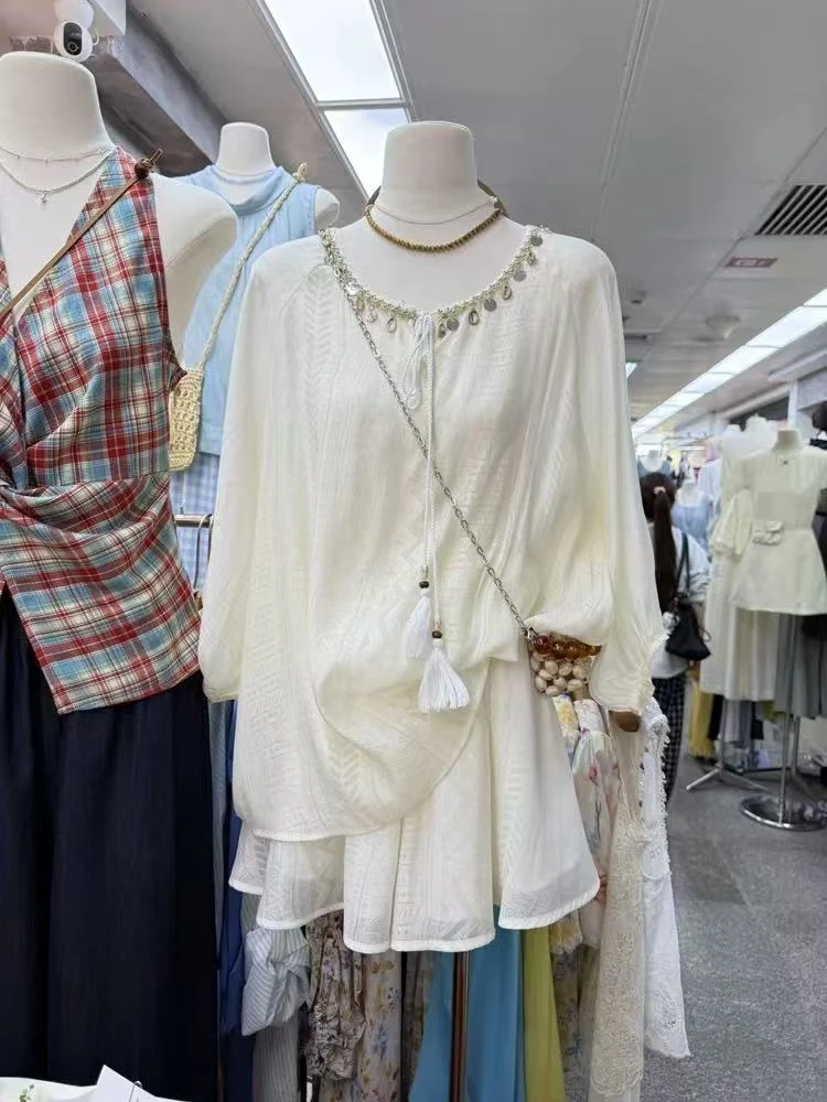 9917-波希米亚度假风贝壳扣绑带流苏衬衣+裙裤两件套