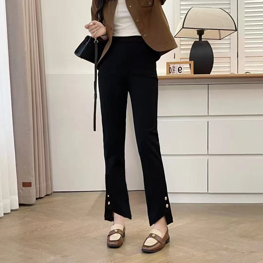 2025早秋新款开叉显瘦修身休闲百搭裤外穿纽扣半松紧高腰直筒4110