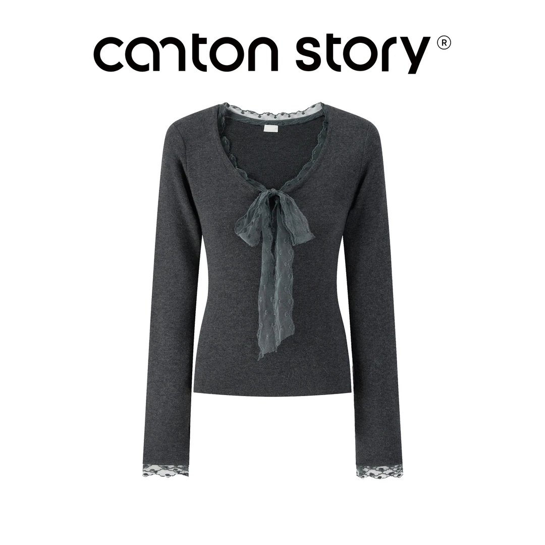 羊城故事蕾丝绑带v领针织衫修身长袖上衣 Y2508x毛针织衫x106083