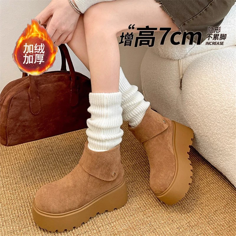 小个子增高厚底保暖雪地靴女款2025新款冬季勃肯加绒加厚高帮棉鞋