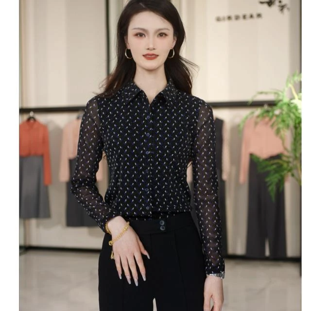 哥弟夏季新款衬衫气质长袖扣夏天穿搭单排翻领高弹力百搭1300782