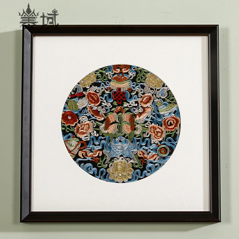 泰域圆形花卉刺绣装饰 民族风新中式吉祥花中国结图案挂画
