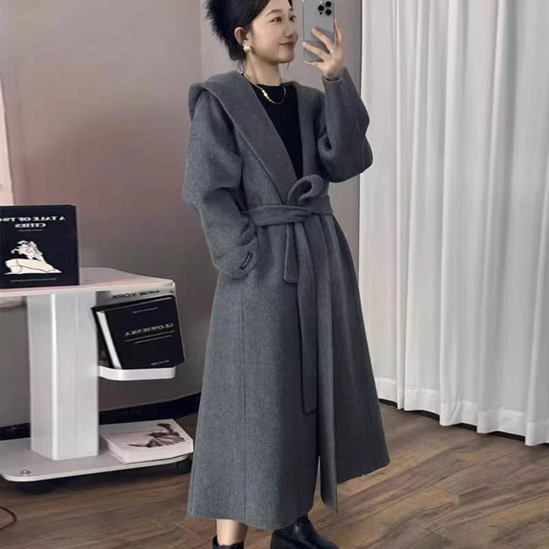 秋冬常规直下摆法式长款毛呢外套显瘦宽松设计师外套8036