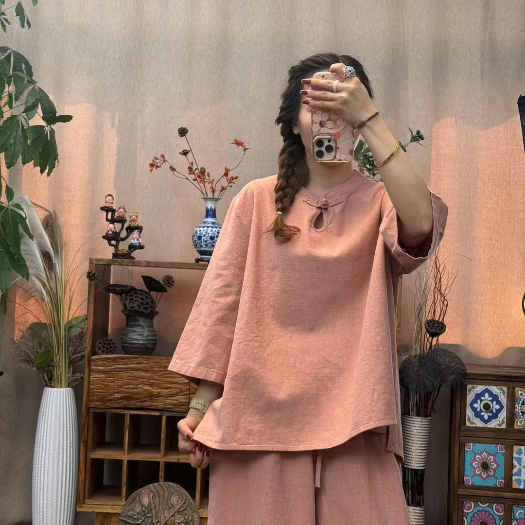 花璟与麻原创设计做旧一粒盘扣水滴领上衣小衫（衣长68胸围136）