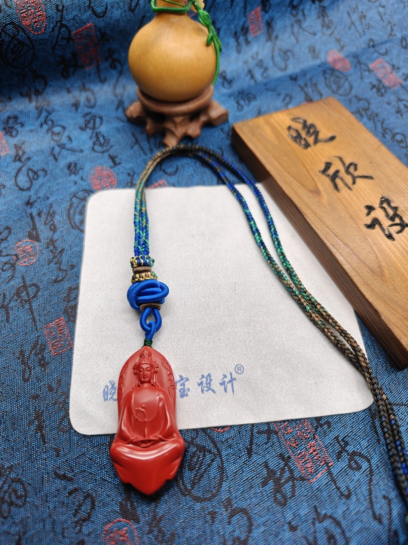 含辰砂工艺品天然压制朱砂水飞砂素衣观音净水观音精工26*54mm