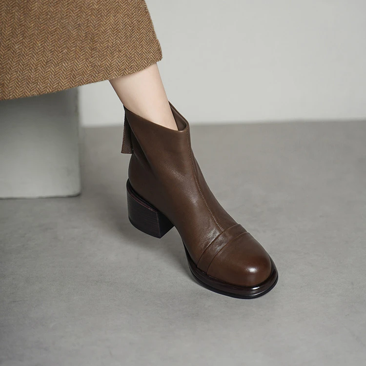 牛皮~6cm秋冬新款粗跟真皮短靴复古棕色英伦风切尔西靴厚底瘦瘦靴