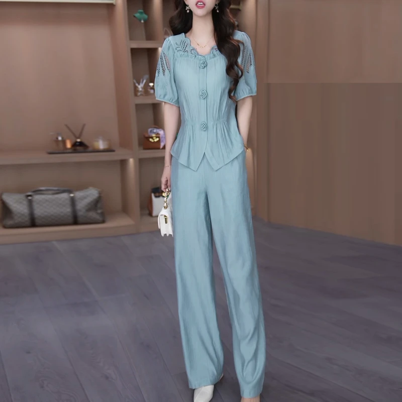 时尚气质轻奢套装女2025新款夏季减龄显瘦年轻妈妈显瘦两件套裤子