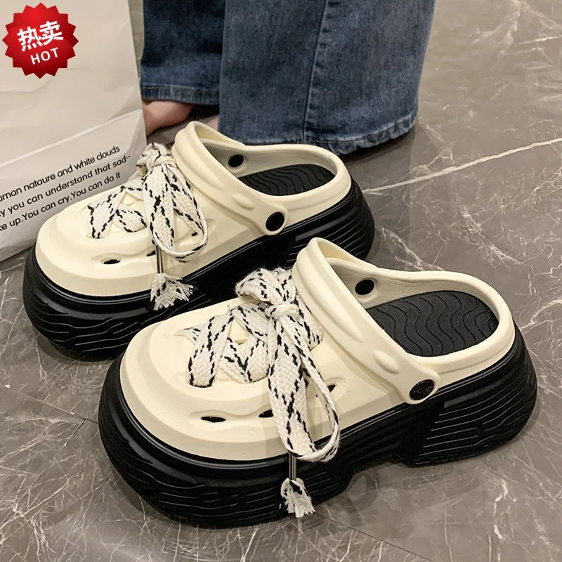 洞洞鞋满百搭防滑平跟女网红中性包头厚底包青年纯色半拖学生