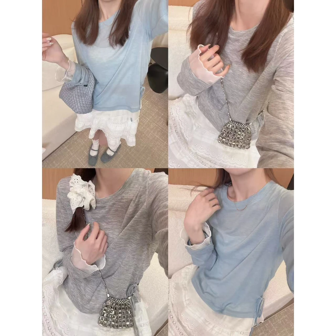 QiongQiong人手款！敲美的软糯亲肤拼接蕾丝下摆侧绑带长袖T恤