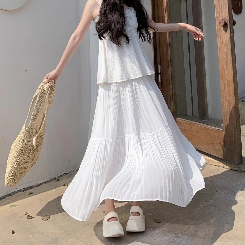 白色雪纺半身裙女春夏季2025新款高腰伞裙小个子仙女压褶a字长裙