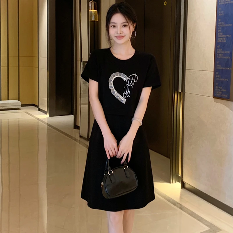 2025夏季新款时尚爱心图案小黑裙假两件显瘦连衣裙女824