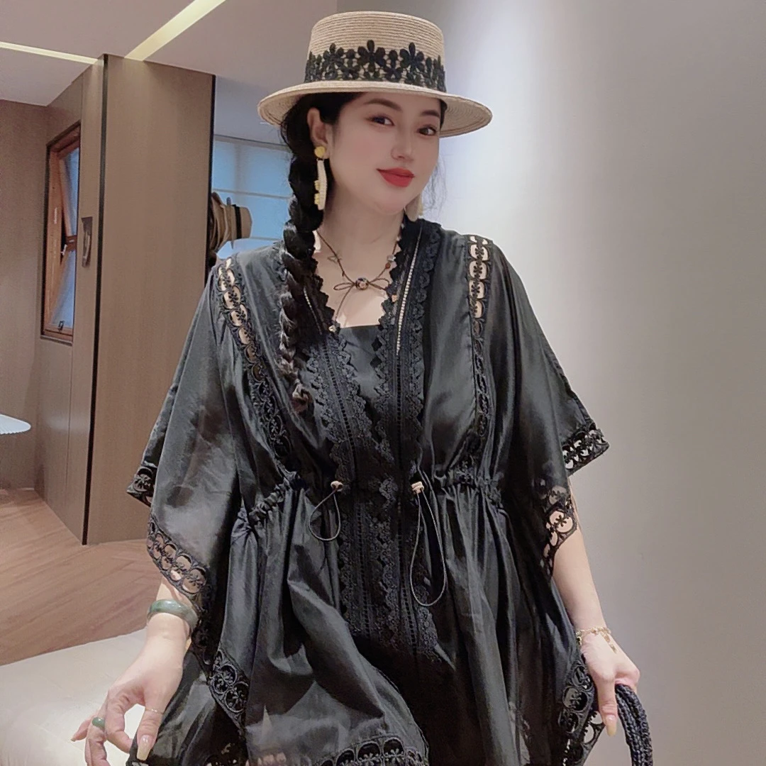 Chouduoduo 洋气镂空蝙蝠袖蕾丝夏装宽松V字领上衣