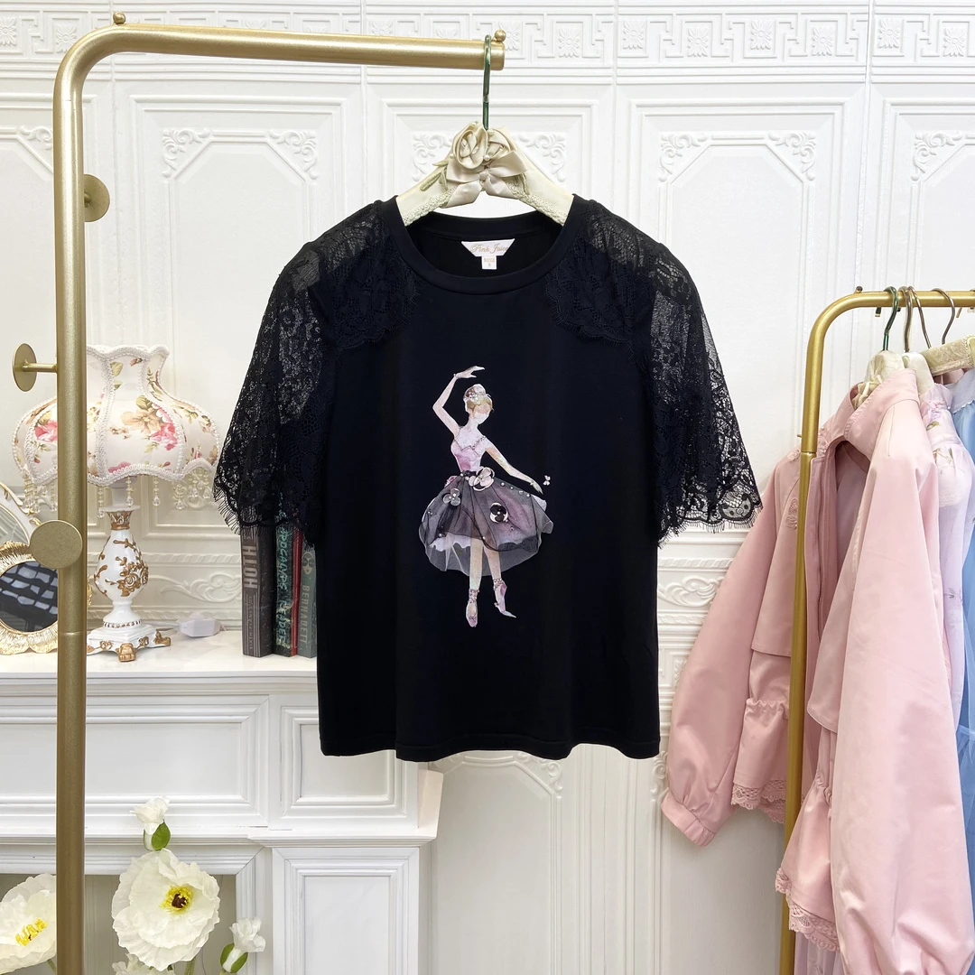 黑t法式蕾丝拼接短袖上衣休闲舒适芭蕾舞女孩ANS1513