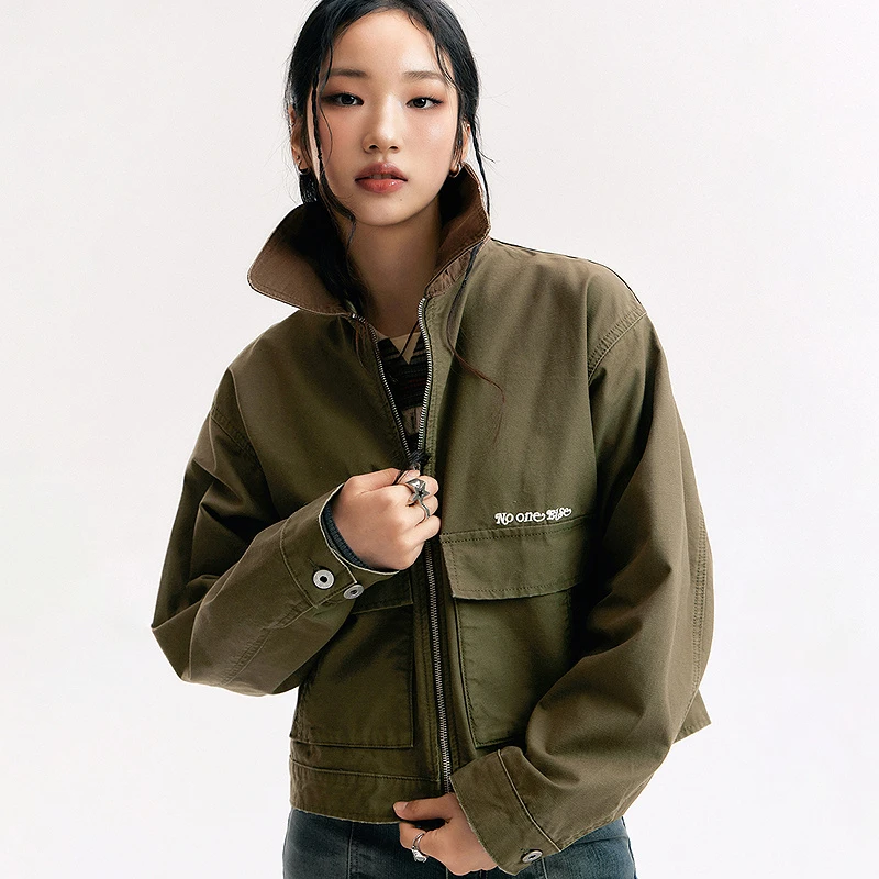 NO ONE ELSE美式复古女装秋季字母短款口袋宽松夹克撞色翻领外套