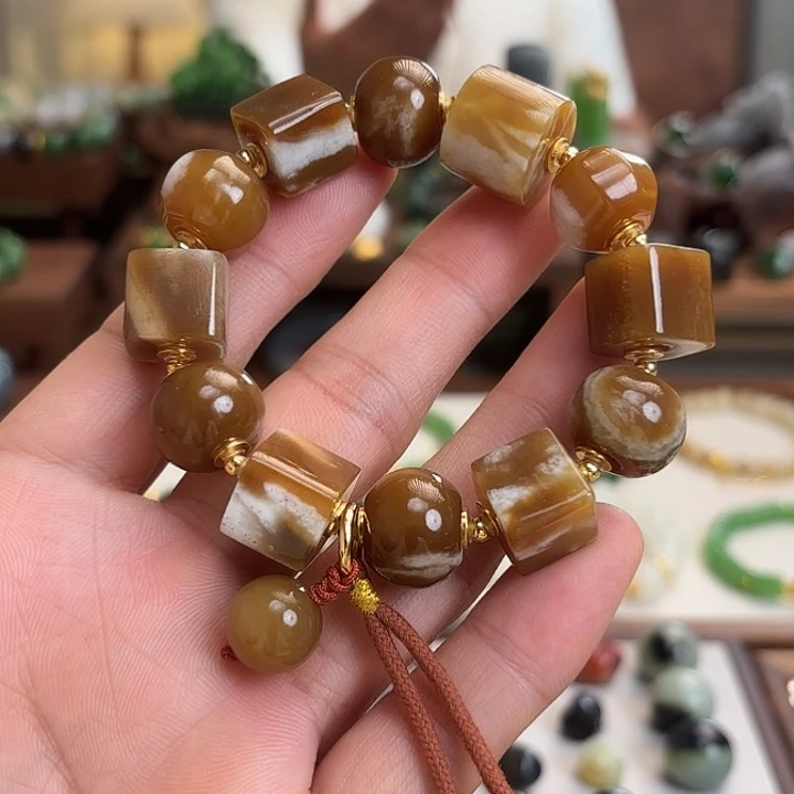 和田玉（糖玉）银S925镶嵌手链红糖设计款