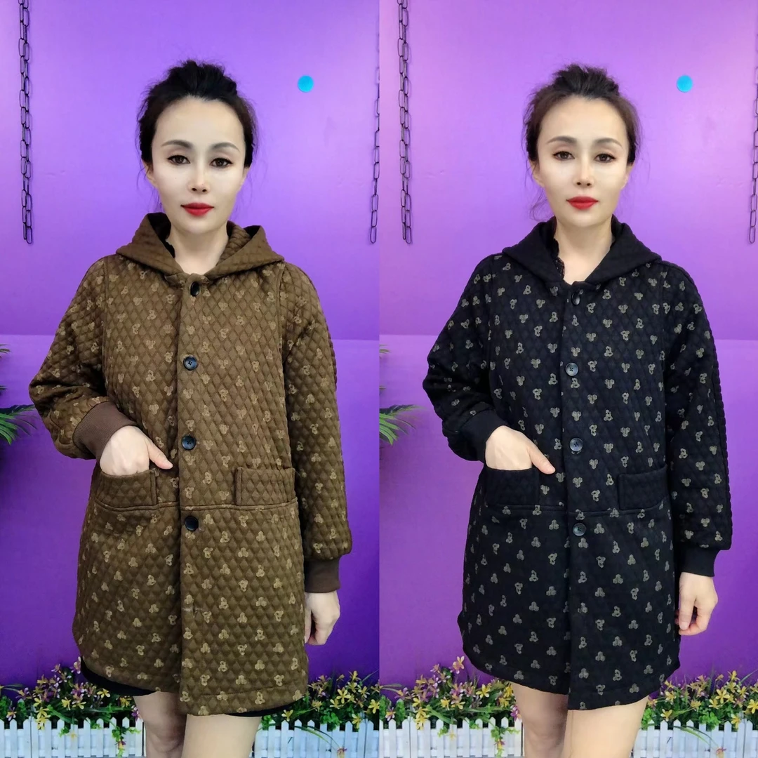 S中款连帽压花棉时尚休闲外套大码春秋妈妈装网红洋气宽松显瘦