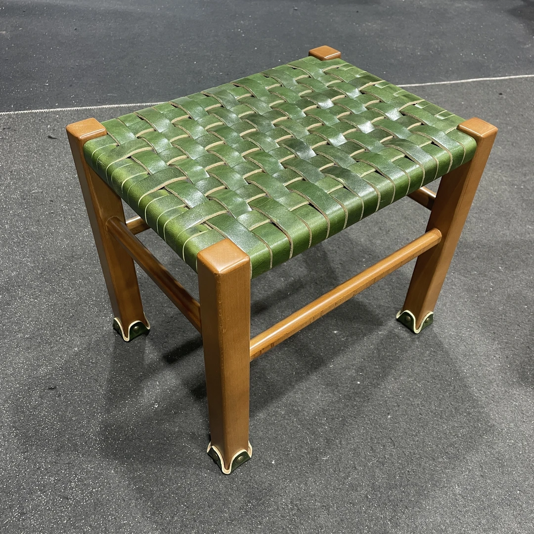 【手工大师】头层黄牛皮编织面加粗榉木复古换鞋凳脚凳马扎凳户外椅