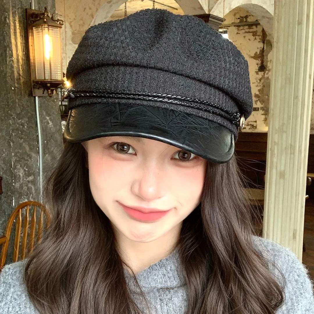 复古黑色贝雷帽女秋冬季显脸小文艺八角帽大头围百搭韩系画家帽子