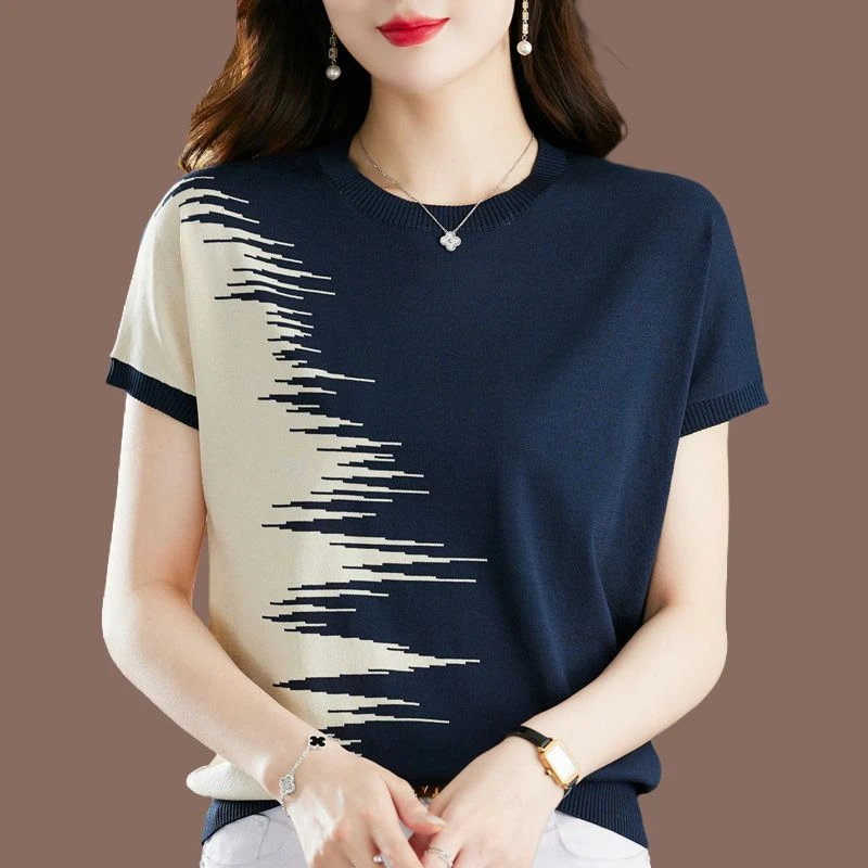 品牌折扣春夏冰丝短袖t恤女宽松韩版大码遮肚上衣显瘦洋气针织衫