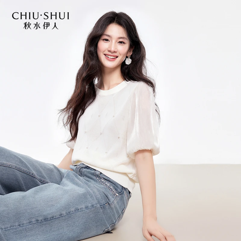 秋水伊人优雅低圆领上衣2025年夏季新款女气质百搭毛针织衫