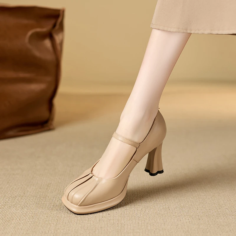 8cm法式方头浅口单鞋女2025春季新款防水台粗跟百搭旗袍高跟鞋