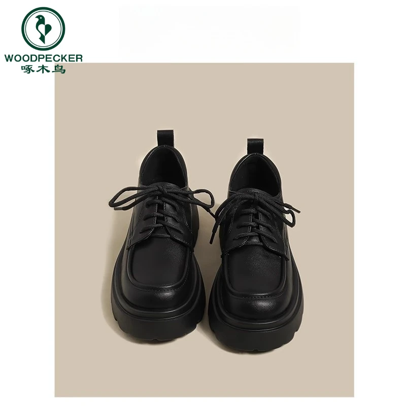 啄木鸟2024年新款黑色爆款乐福单鞋子厚底英伦风JK系带小皮鞋女