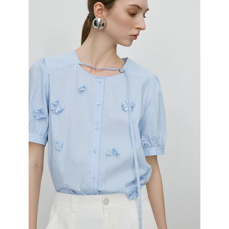 范思蓝恩ECHO轻奢系列手工立体钉花2025夏新款条纹衬衫25FE12049