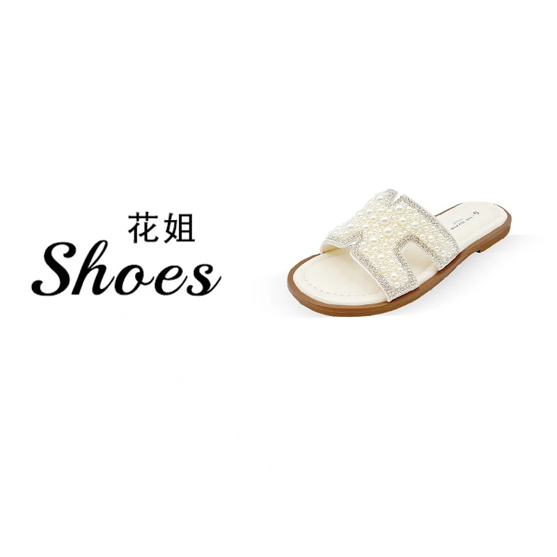 【珍珠H】2025新款时尚百搭水钻外穿凉拖鞋平底一字拖鞋-688