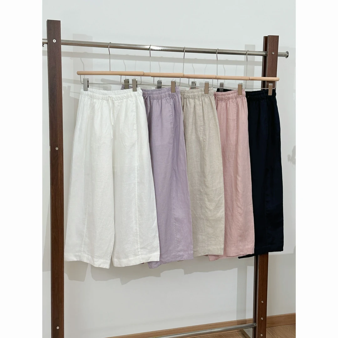 【歡囍】夏季纯色通勤直筒裤透气100亚麻休闲裤百搭松紧腰