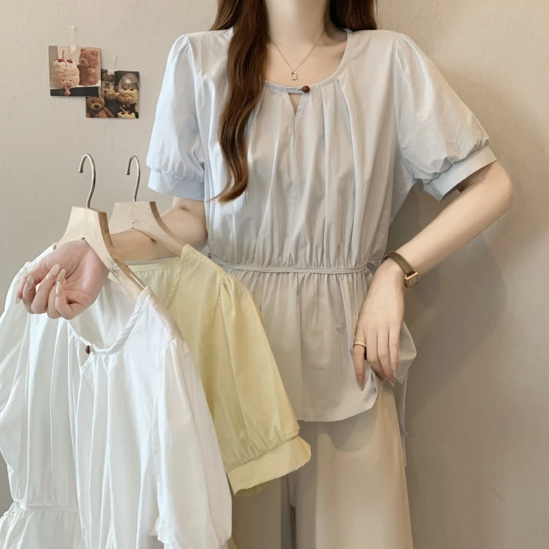 大码女装2025夏季新款时尚设计感褶皱镂空短袖上衣1893