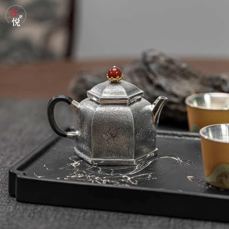 【古悦】手工作做旧石纹六方君子宫灯泡茶壶约140cc