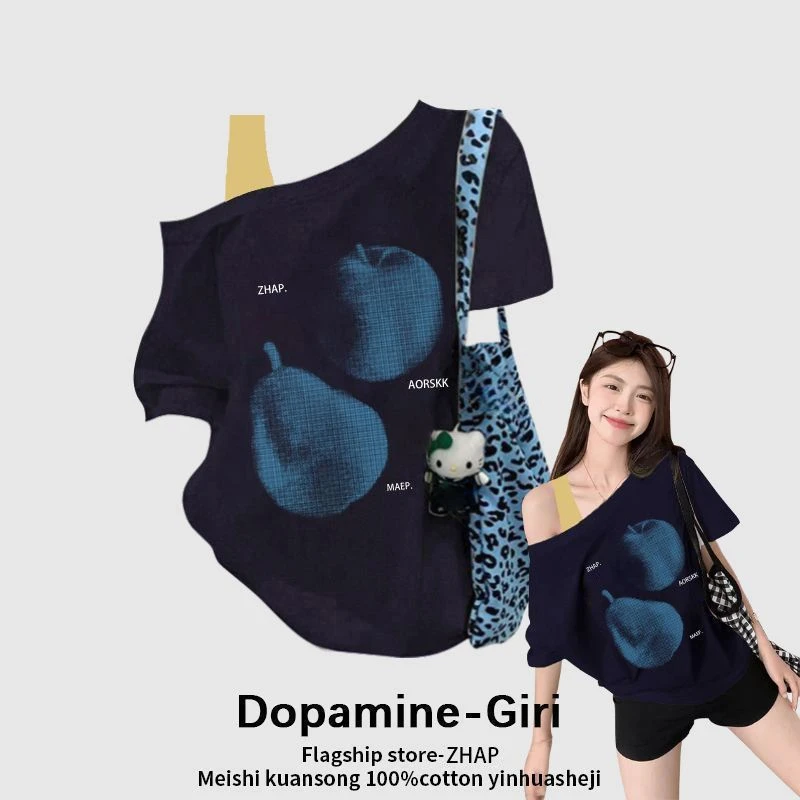 【ZHAP】夏季单肩露肩吊带宽松短袖t恤女藏青色气质通勤高级韩版潮