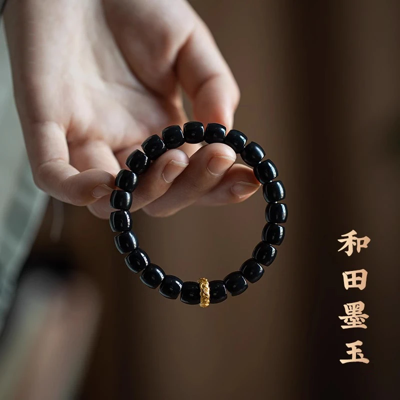 正宗和田玉专卖手工原创和田墨玉手链男女桶珠手串念珠情侣礼物