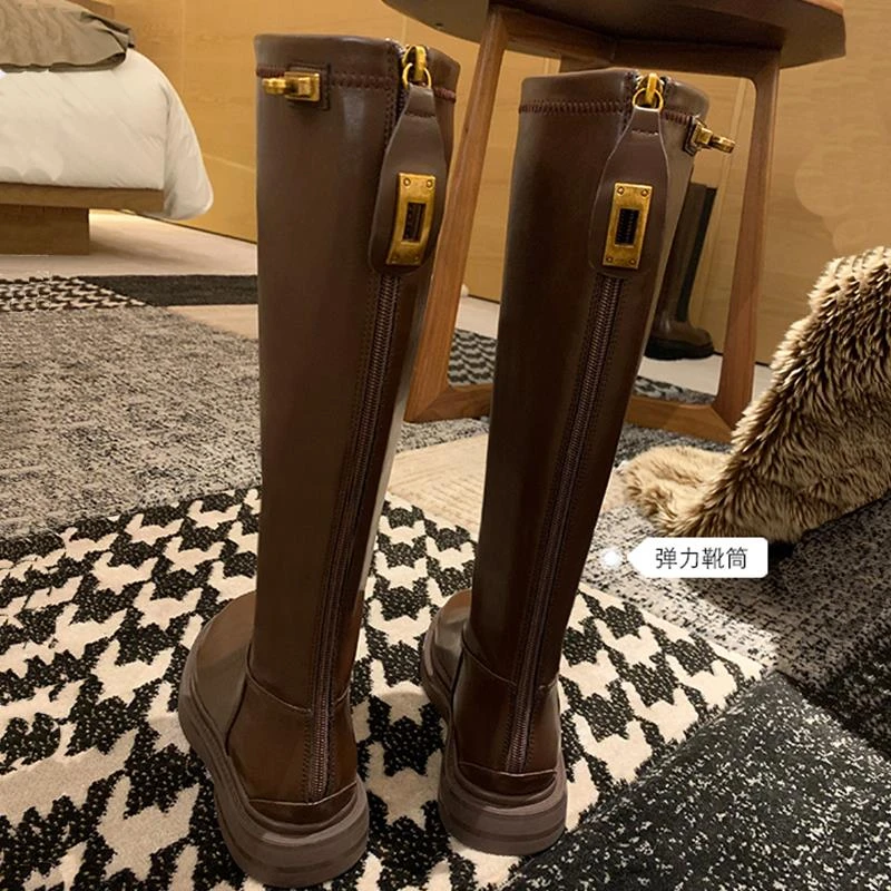 【万达撤柜】显瘦长靴女秋冬长筒靴加绒粗腿胖mm大筒围骑士靴大码