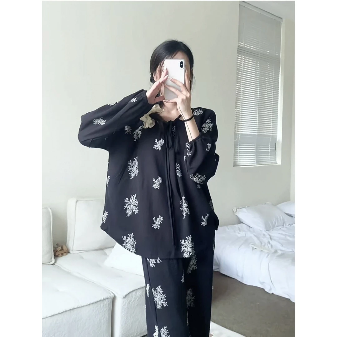 带胸垫韩版ins风睡衣女春秋季新款宽松休闲设计感少女家居服套装