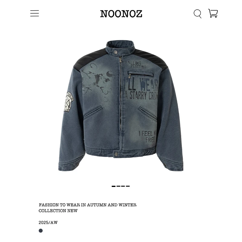 NOONOZ冬季美式复古皮革拼接做旧喷绘棉衣男潮牌中性风立领棉服