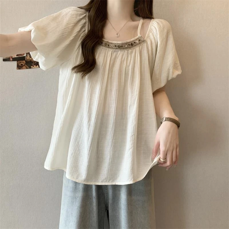 大码法式方领泡泡袖雪纺短袖衬衫女夏季胖mm遮肚子露肩娃娃衫上衣