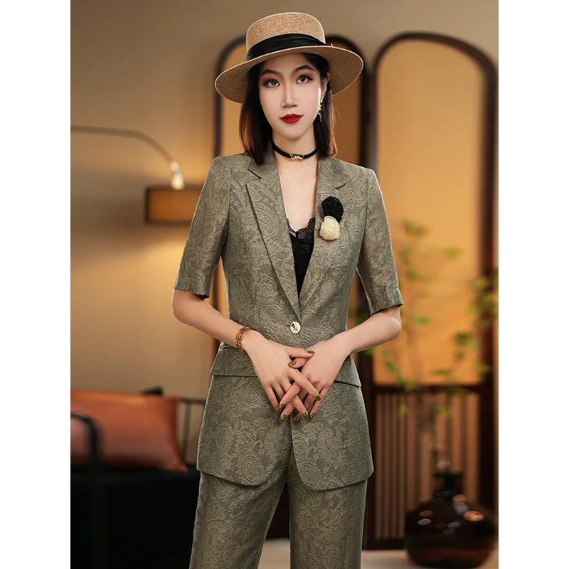 【AMNK服饰】2025夏季灰绿色提花复古国风通勤设计师西装套装轻奢