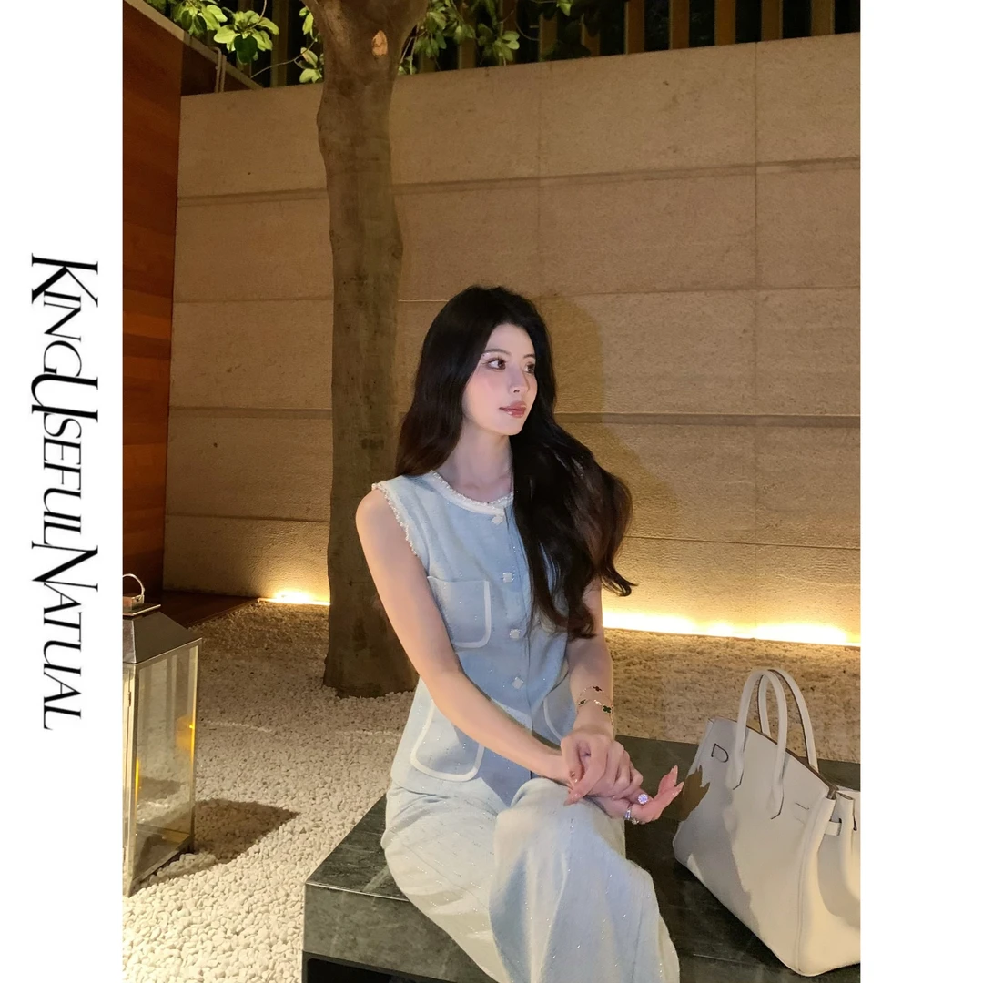 KUN【蓝梦秀场】撞色时尚 小香风马甲裤子套装女富家两件套气质春款