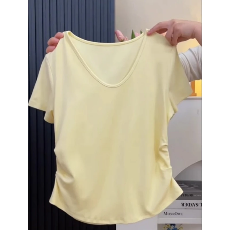 夏季奶黄色V领正肩短袖T恤女褶皱收腰显瘦甜辣风短款打底内搭上衣