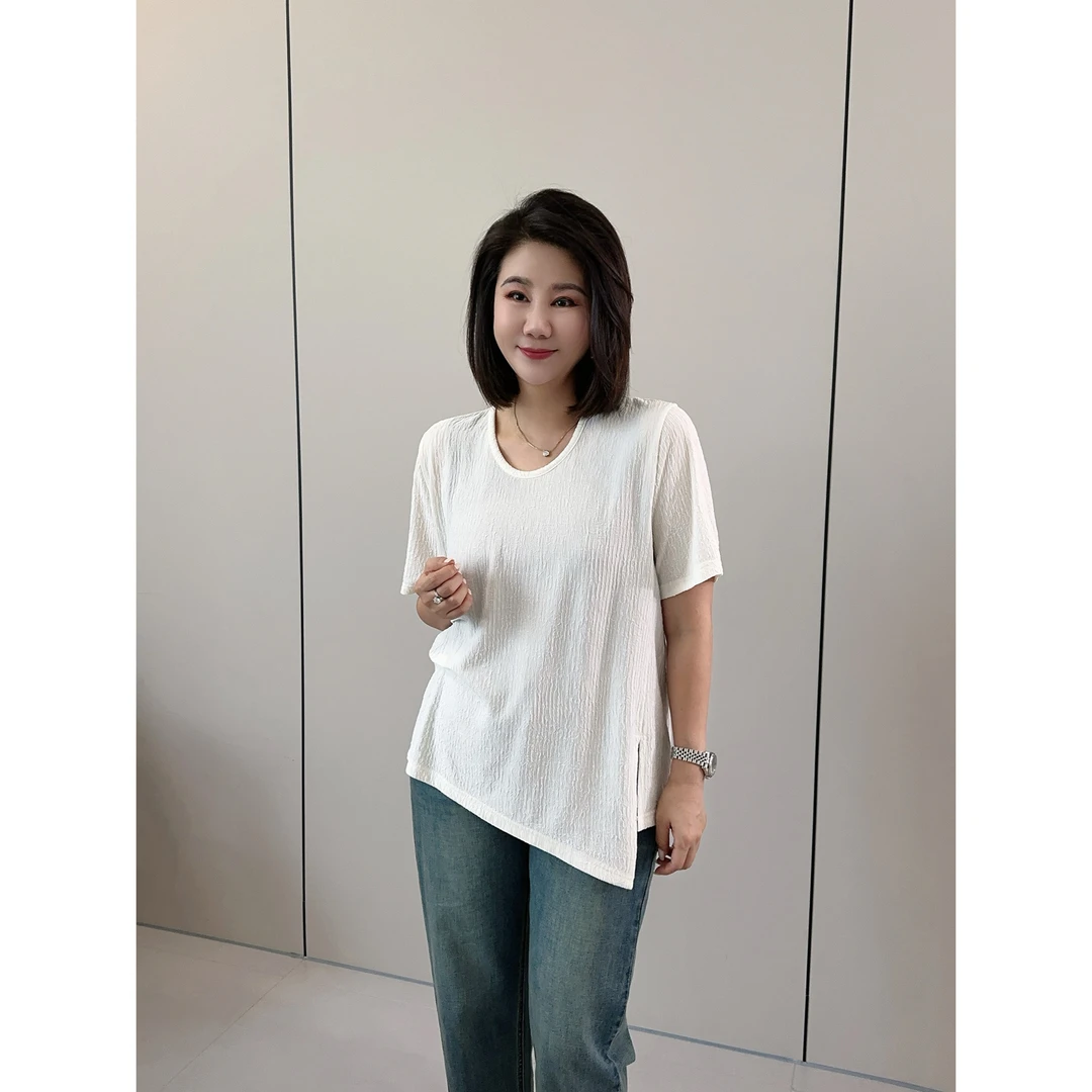 微胖女装【松弛艺术】打褶不规则下摆半袖T恤春夏显瘦百搭短袖20678