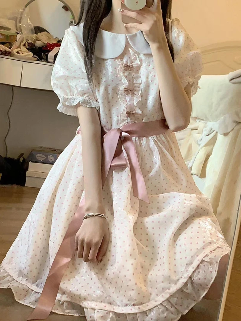 可爱甜美小清新夏季连衣裙女大童娃娃领学生学院风波点初恋公主裙