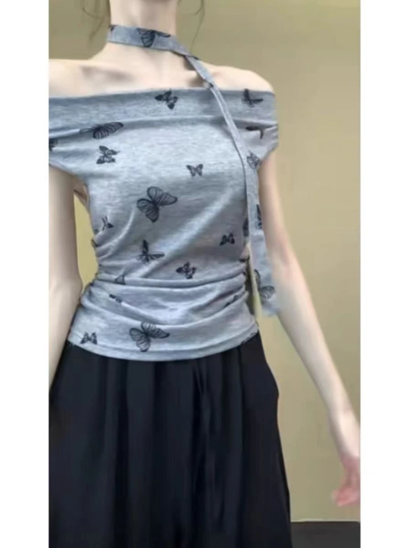 072纯欲甜辣妹性感一字肩上衣女夏季别致绝美蝴蝶露肩短袖t恤