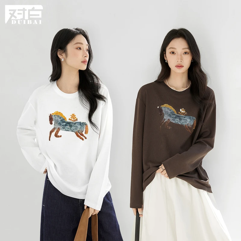 【达人专属】D01对白马年限定新年生肖印花长袖T恤简约上衣GDT002