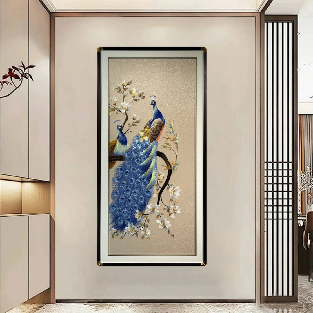 孔雀刺绣玄关装饰画新中式高端织锦绣挂画入户走廊过道背景墙壁画